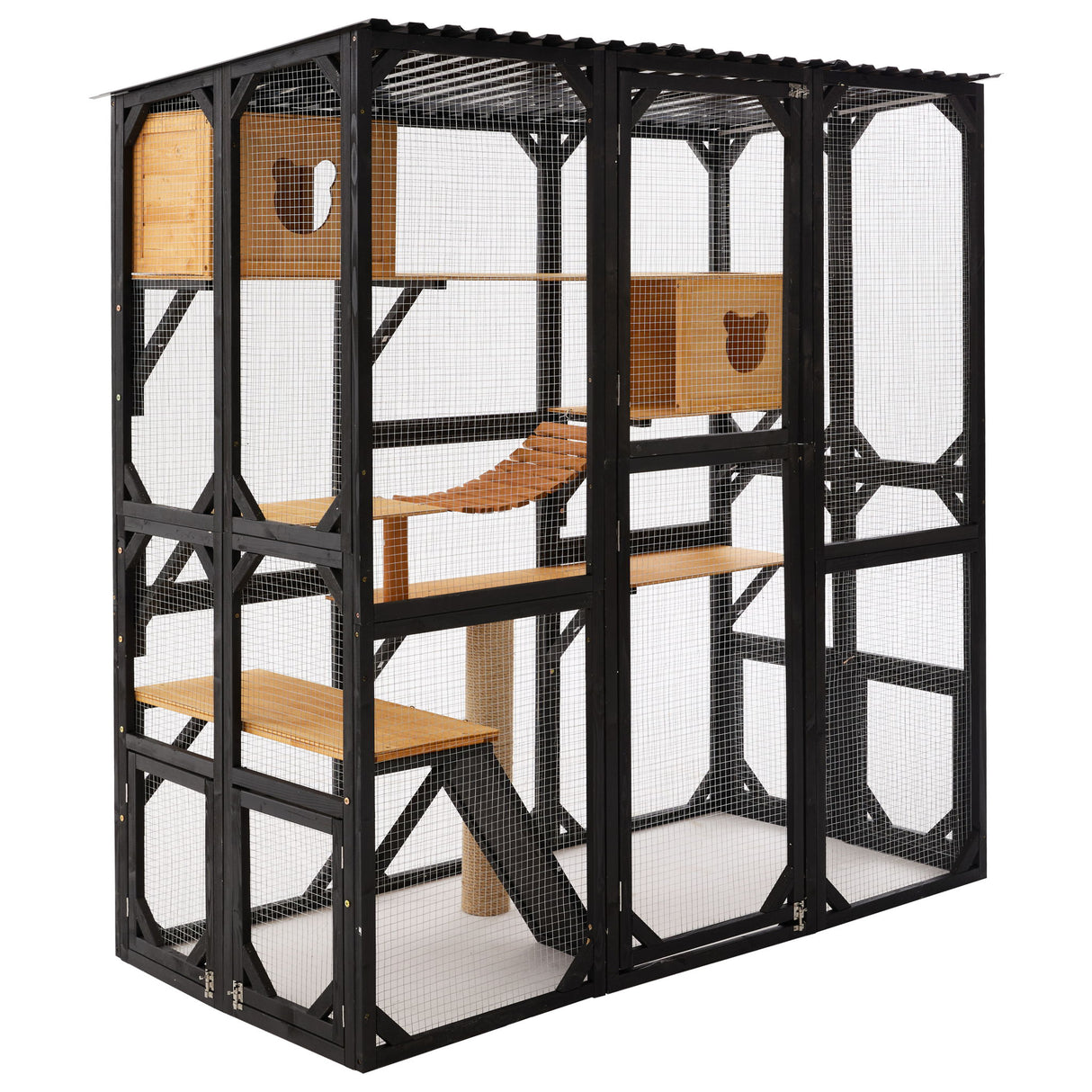 Outdoor Cat Enclosure Catio With Sleeping Houses, Jumping Platforms, Scratching Post, Secure Doors - Black / Brown