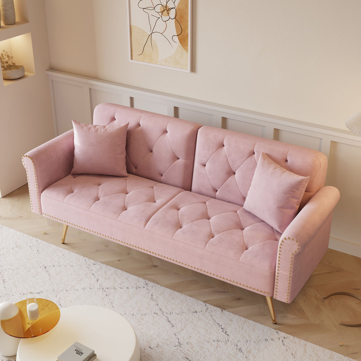 Luxurious Sofa Bed With Nail Head Trim And Matching Pillow