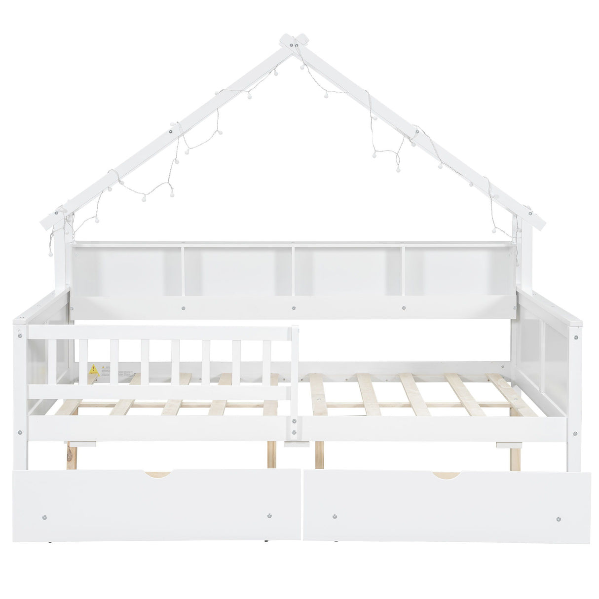 House Style Platform Bed With LED Lights, Storage Shelves, Drawers, And Guardrail