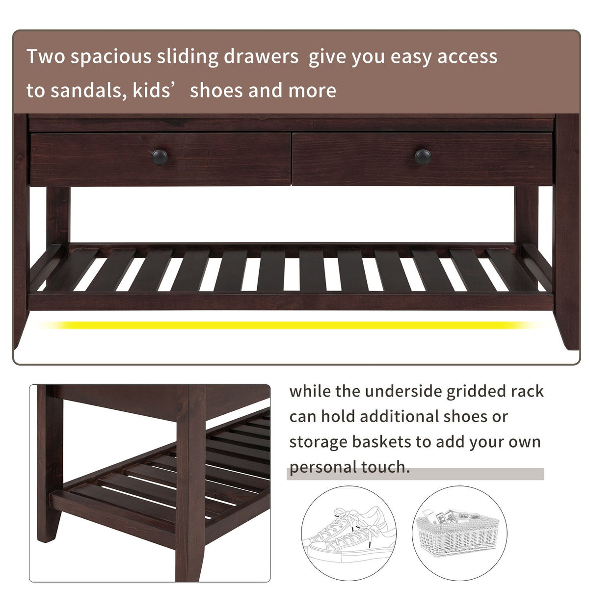 Multipurpose Entryway Shoe Rack With Cushioned Seat And Drawers