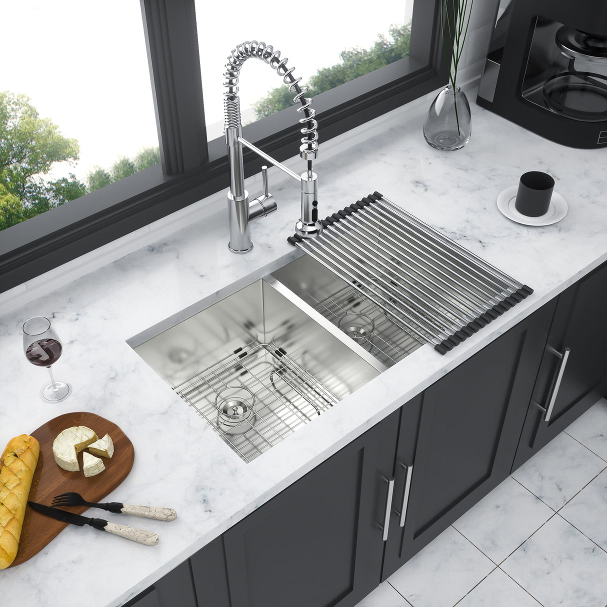 16 Gauge Undermount Double Bowl Kitchen Sink With 9" Deep Bowls - Brushed Nickel