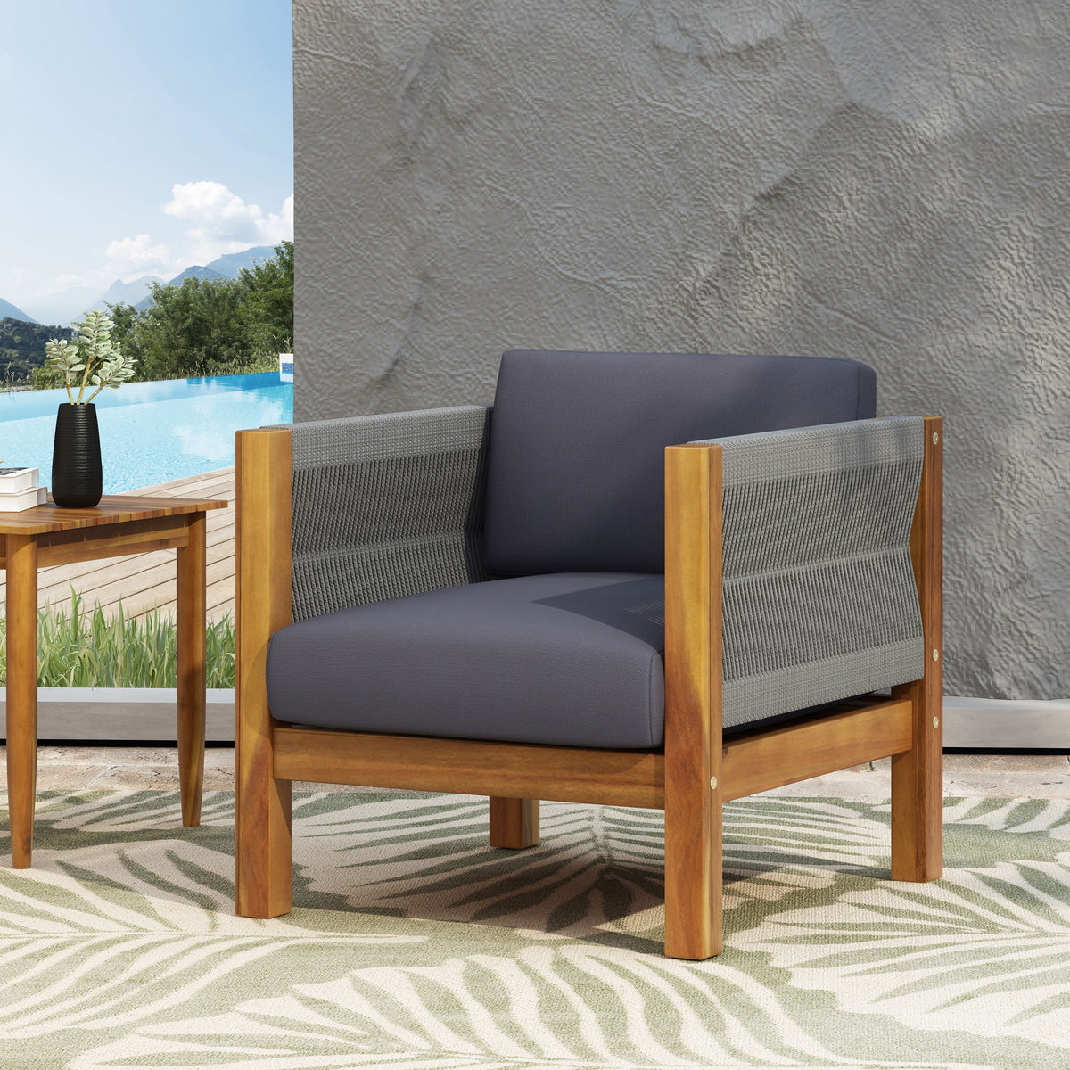 Outdoor Club Chair With Rattan Rope Wave - Teak