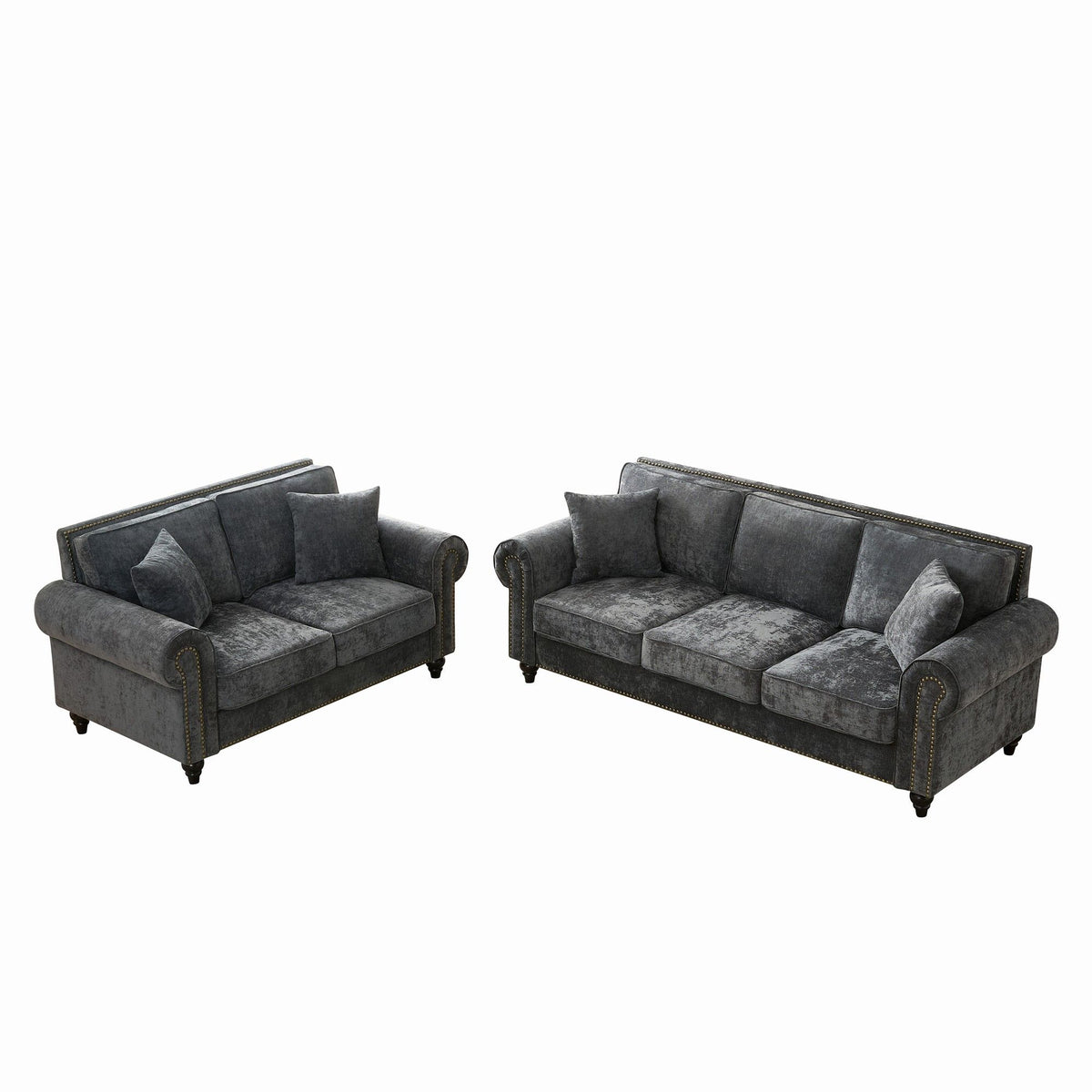 3 And 2 Seater Sofa With Rolled Arms, Tufted Upholstered Couch - Gray