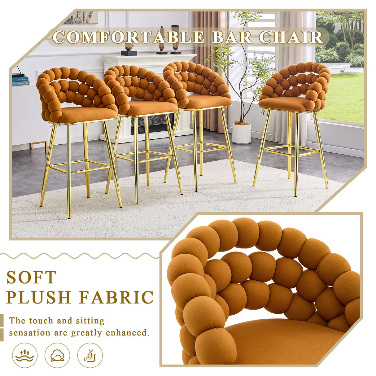Bubble, Ball Chain Tufted Bar Chairs For Kitchen Island & Home Bar (Set of 2)