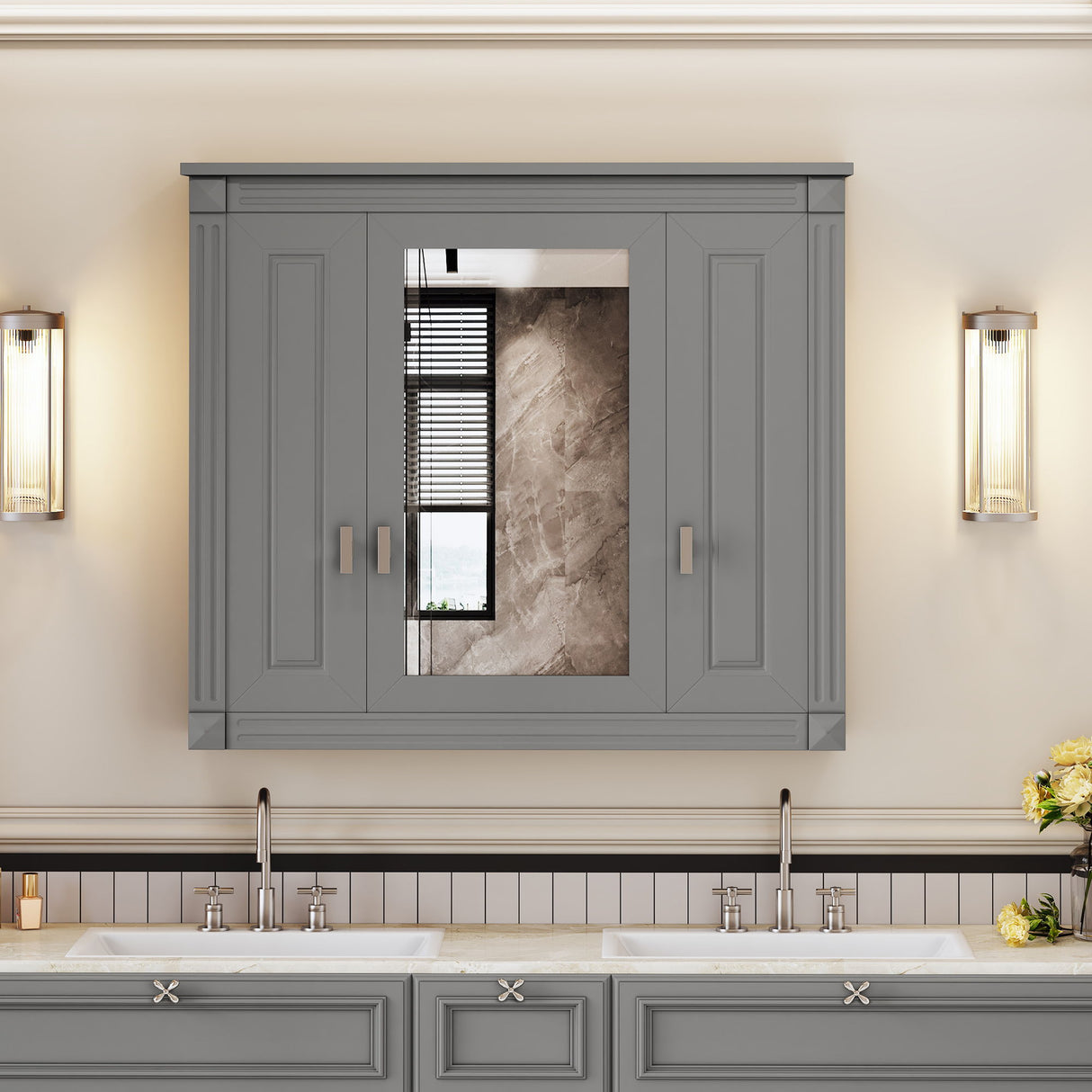 Wall Mounted Bathroom Cabinet With Mirror And 5 Shelves, Rectangular Design