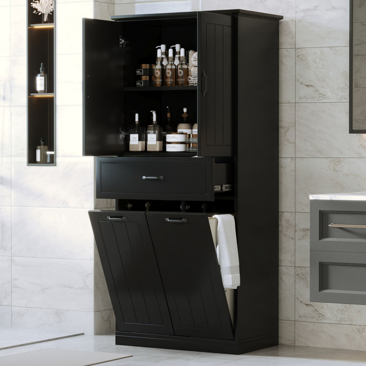 Modern Bathroom Storage Cabinet With Two Laundry Baskets, One Drawer, Adjustable Shelf