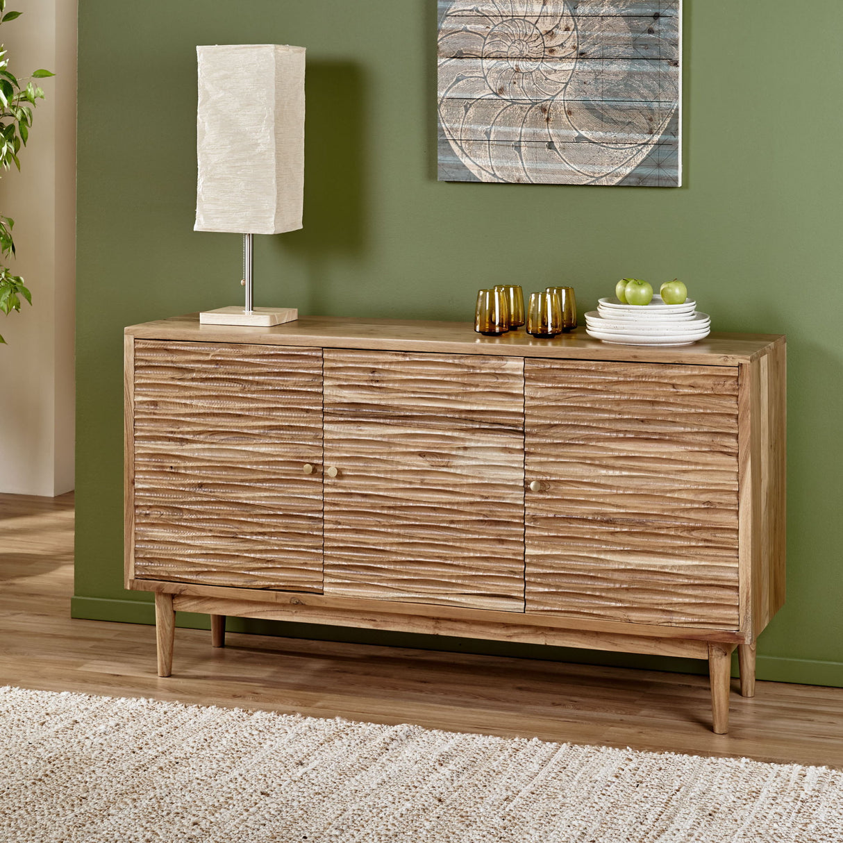 Handcrafted Sideboard Buffet Cabinet with Carved Texture Acacia Wood 58x32in Natural