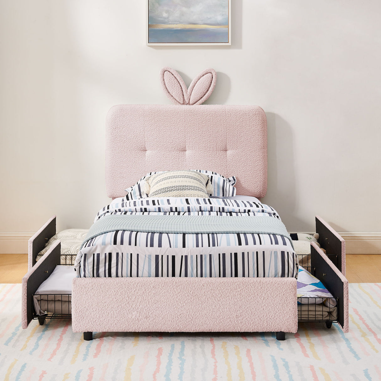 Upholstered Bed With Oversized Rabbit Ear Headboard, LED Lights & 4 Storage Drawers