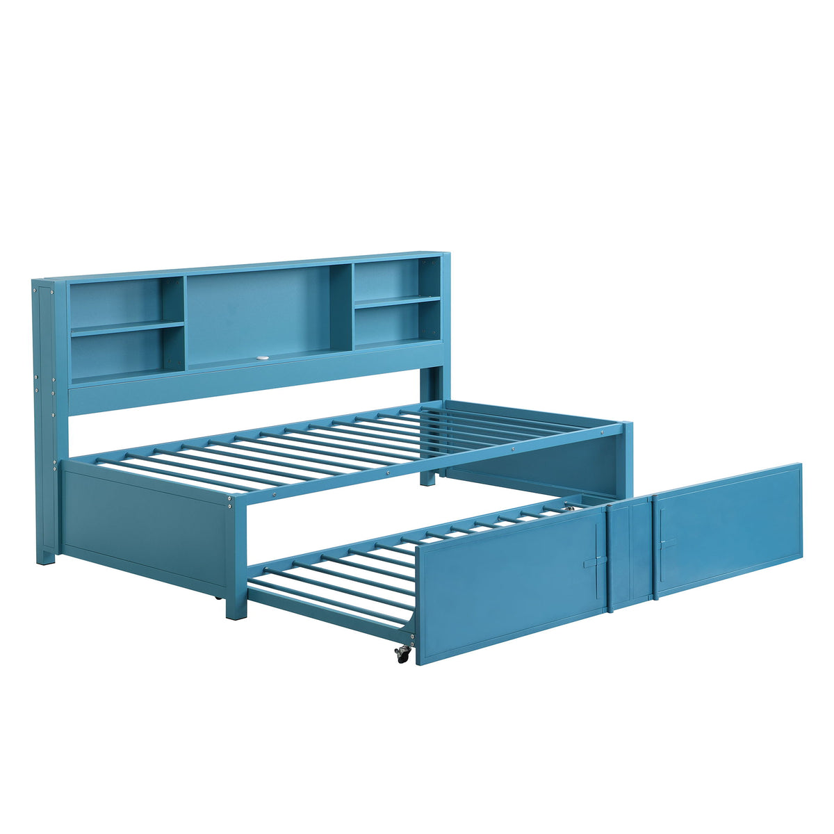 Twin Daybed With Trundle, Storage Shelves, USB Ports Frame - Blue