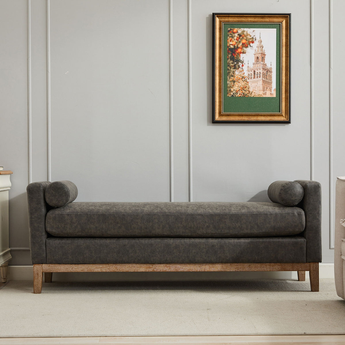 Upholstered End Of Bed Bench With Arms & 2 Bolsters For Bedroom
