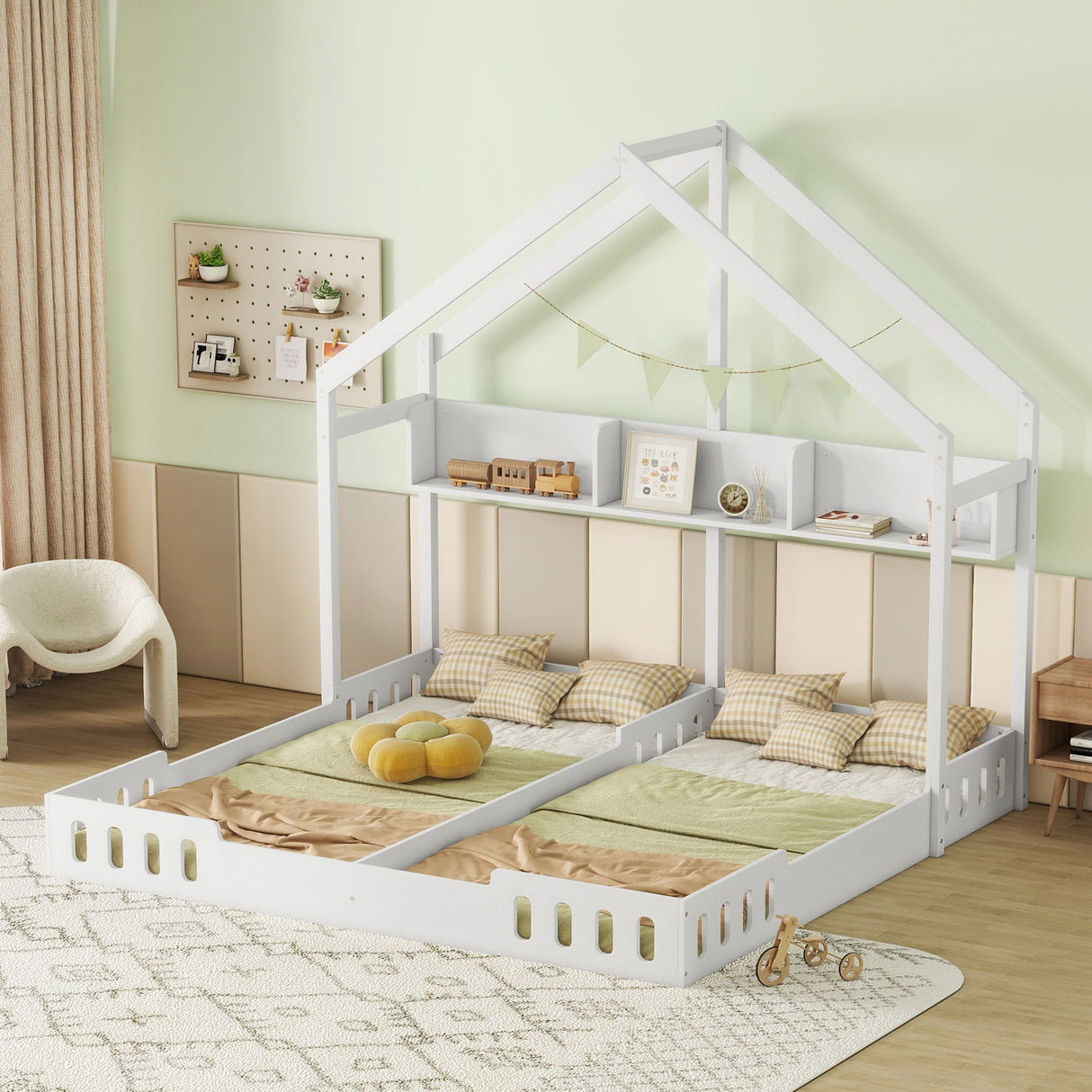 Twin Size Platform Bed With Shared Design, Guardrails, And Built In Shelves - Creamy White