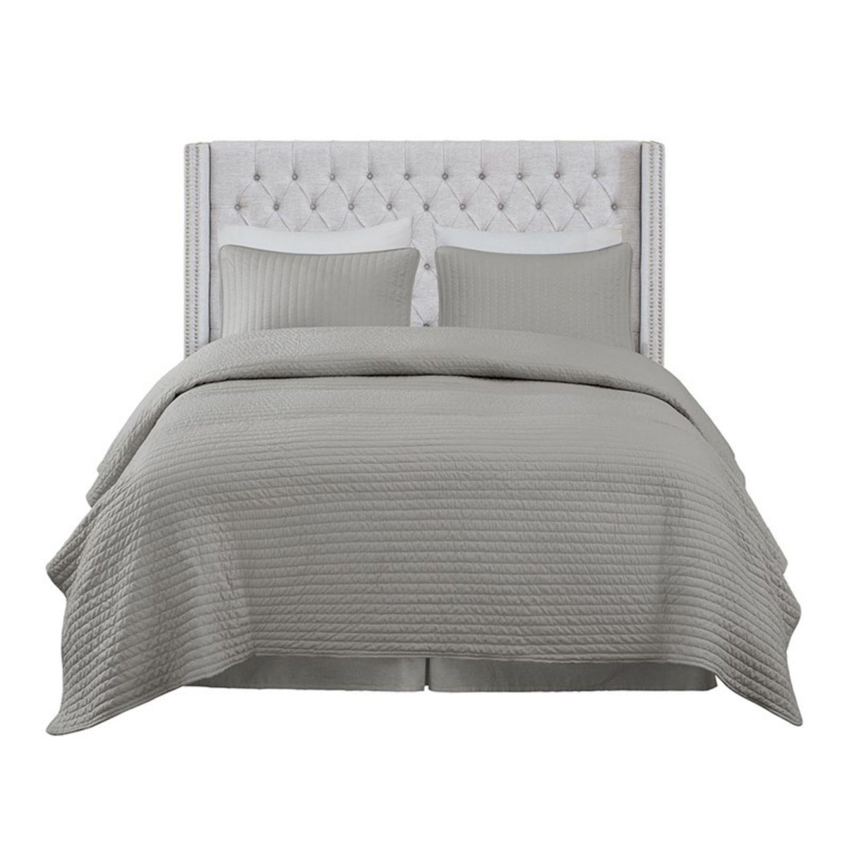 Queen Size Upholstery Headboard With Tufted Buttons And Nailhead Trim - Gray