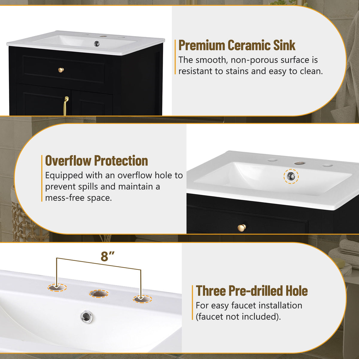 Elegant Bathroom Vanity With Ceramic Sink, Soft Close Doors And Drawers, Double Storage Racks