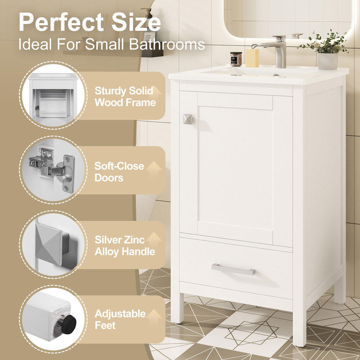 Bathroom Vanity With Ceramic Sink, Soft Close Drawers, Door Organizer, Divider Drawer, Adjustable Foot Pads