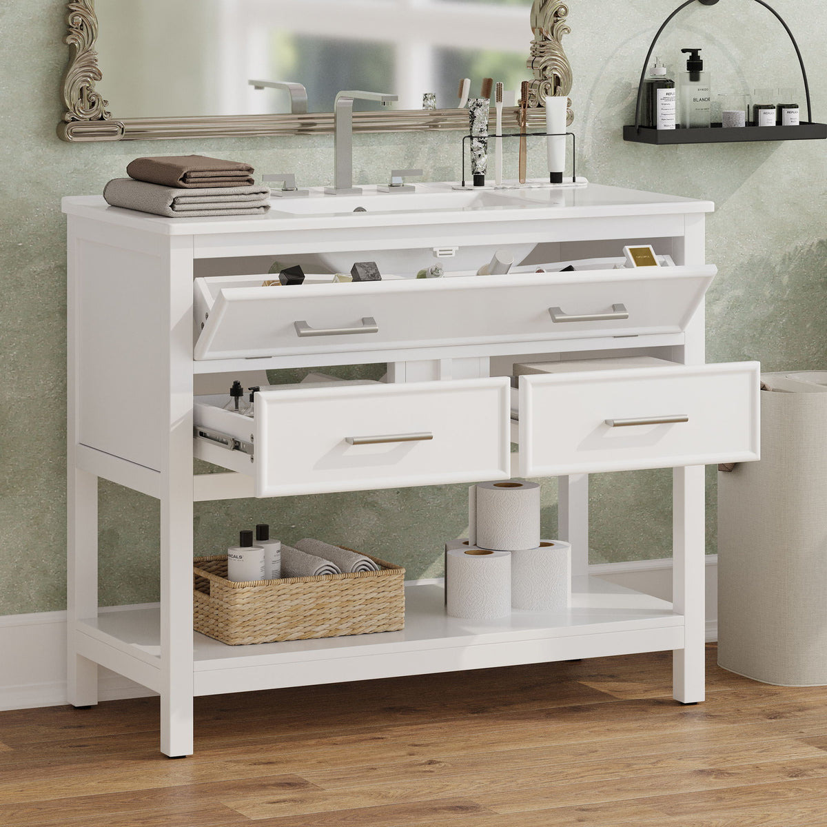 Bathroom Vanity With Ceramic Sink, Tip Out Tray & 2 Full Extension Drawers