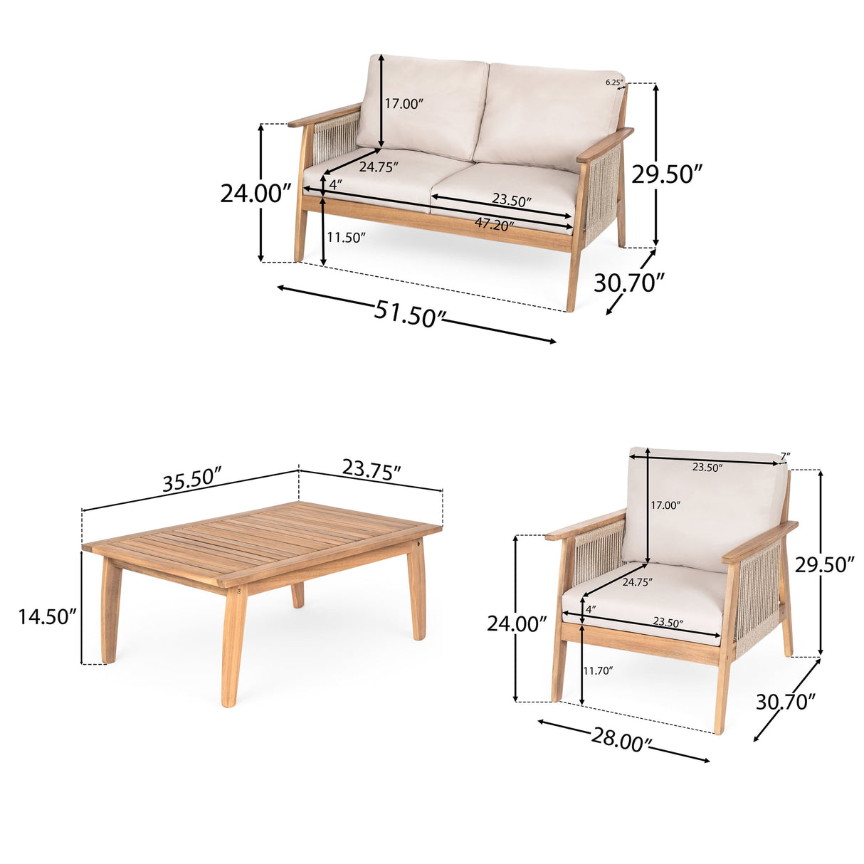 4-Piece Acacia Wood & Rope Patio Sectional Sofa Set