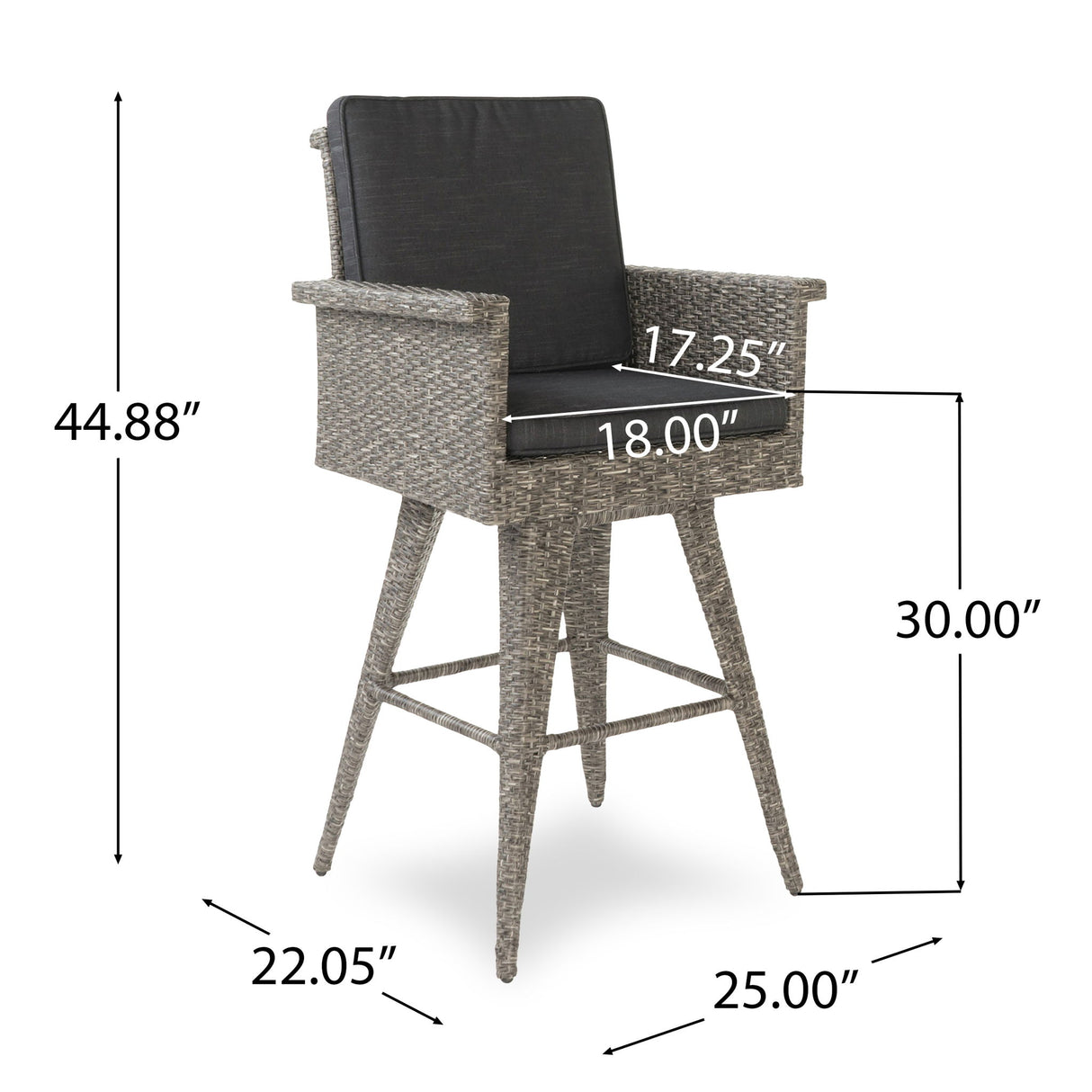 Outdoor Rattan Swivel Barstool With Water Resistant Cushion - Black / Gray