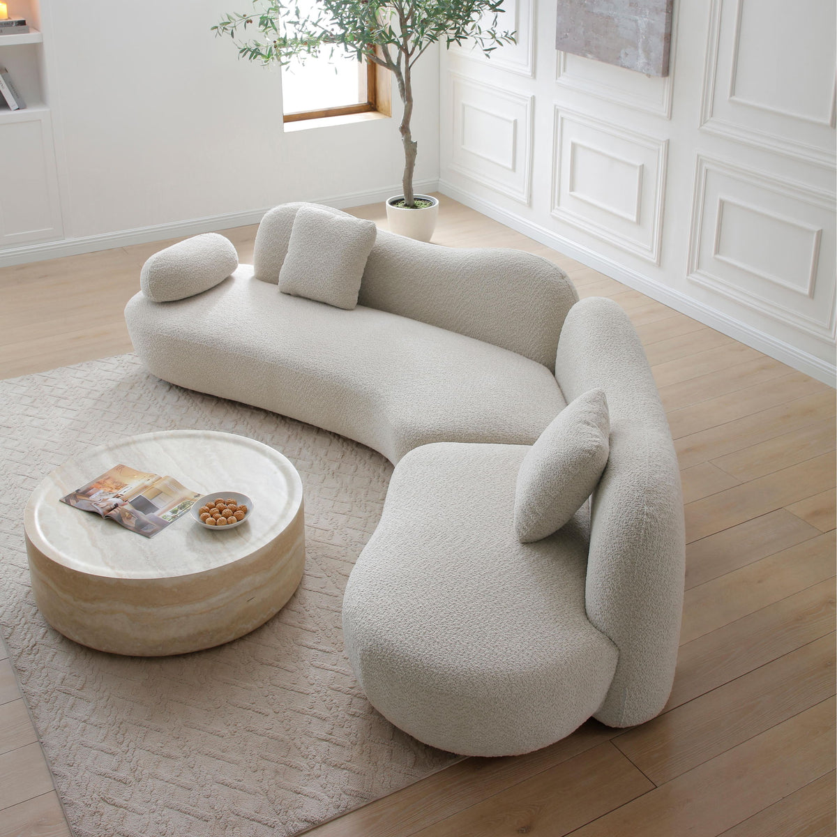 Sofa With Crescent Shape And Butterfly Backrest, Includes 2 Pillows - Beige