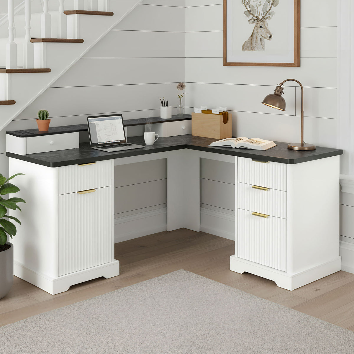 L-Shaped Desk With Charging Station & Storage Cabinet, Home Office Desk With Monitor Stand, File Drawer, Adjustable Shelf - White