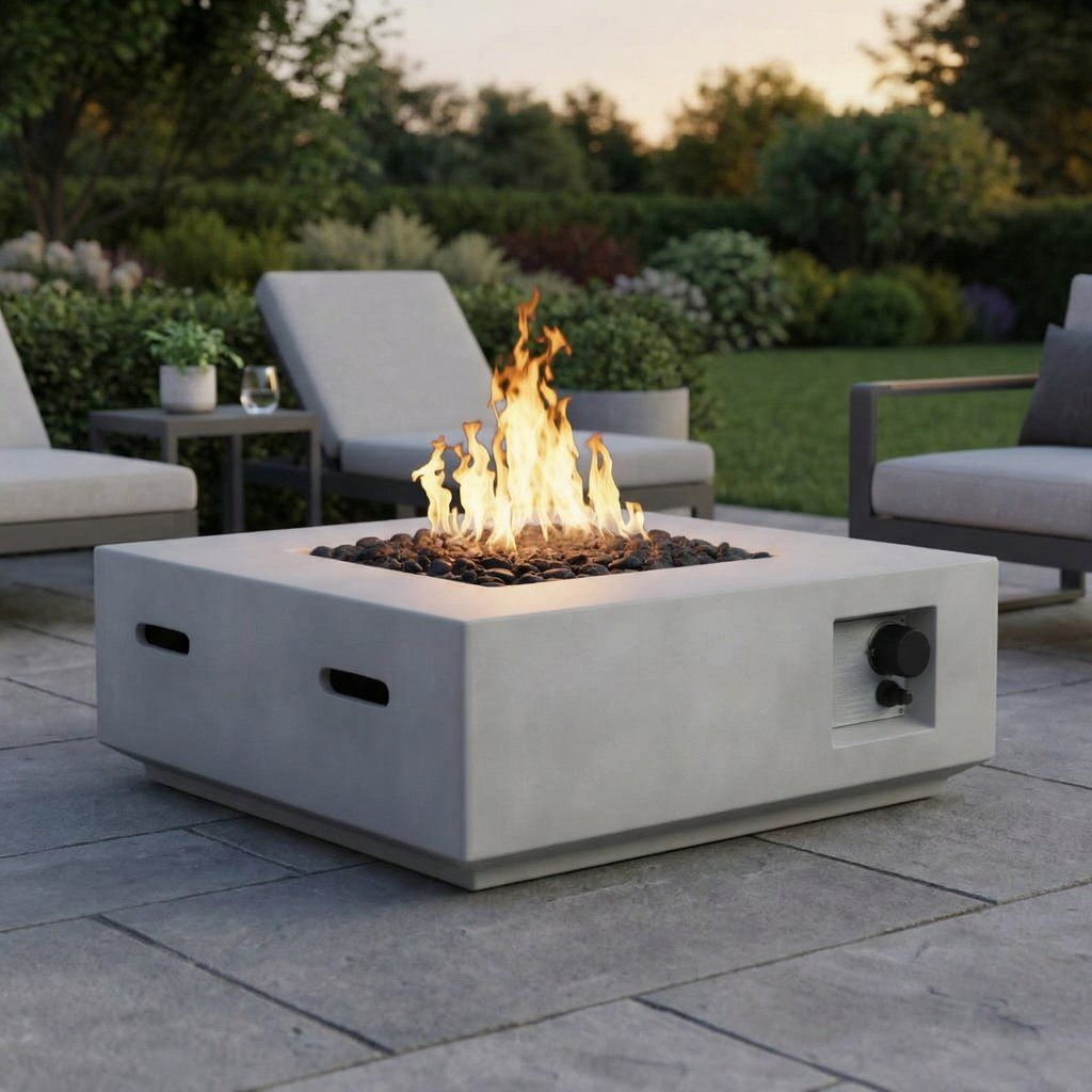 Propane Gas Fire Pit Table Concrete Outdoor Heater 30x11in