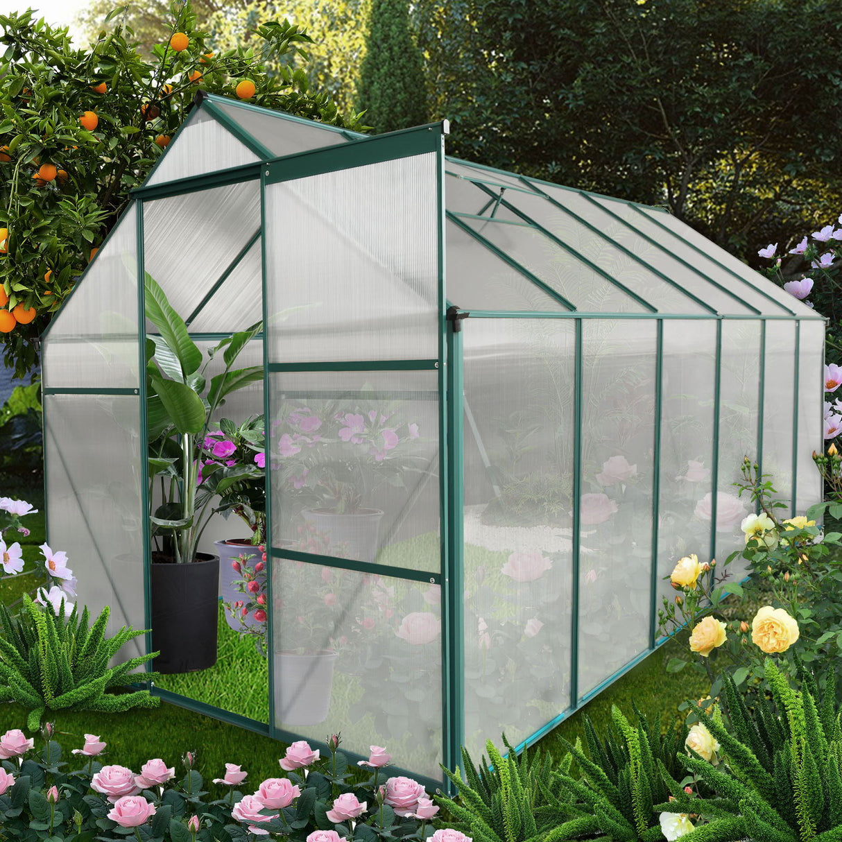 Polycarbonate house Raised Base And Anchor Aluminum Heavy Duty Walk-In houses For Outdoor Backyard In All Season