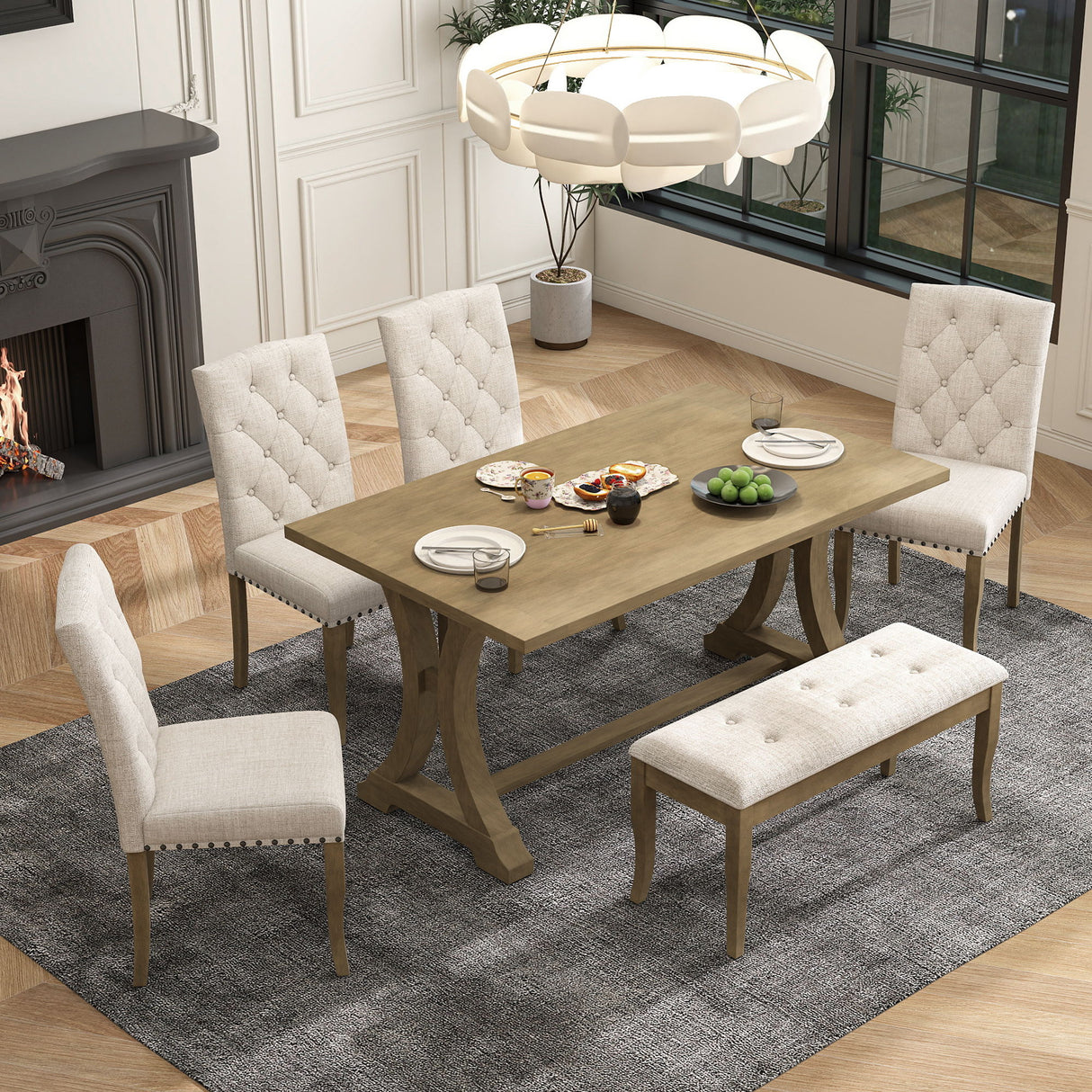 Dining Table Set With 4 Upholstered Chairs And Bench