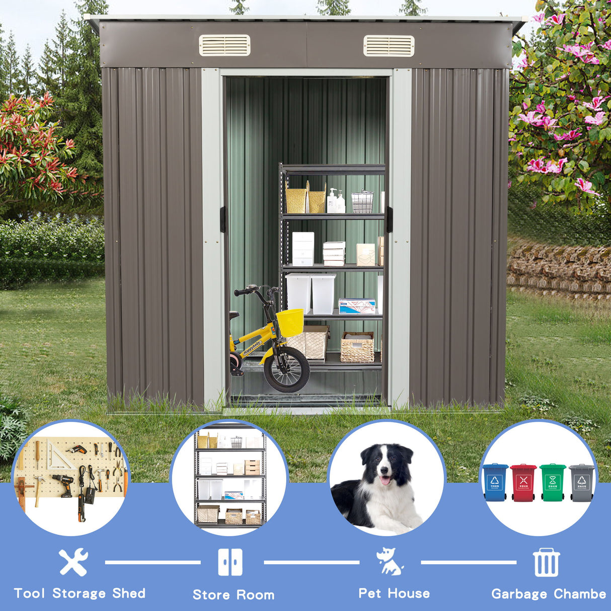 Outdoor Metal Storage Shed Garden Building Weather Resistant Iron 6x5ft