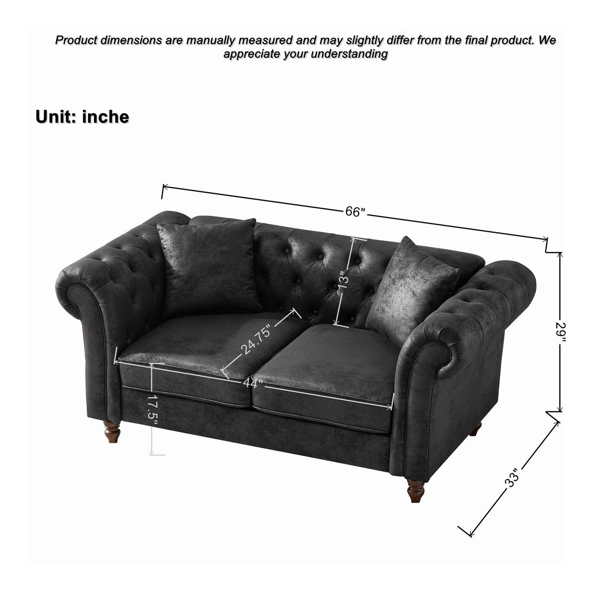 Chesterfield Loveseat, High Tech Fabric Roll Armrest