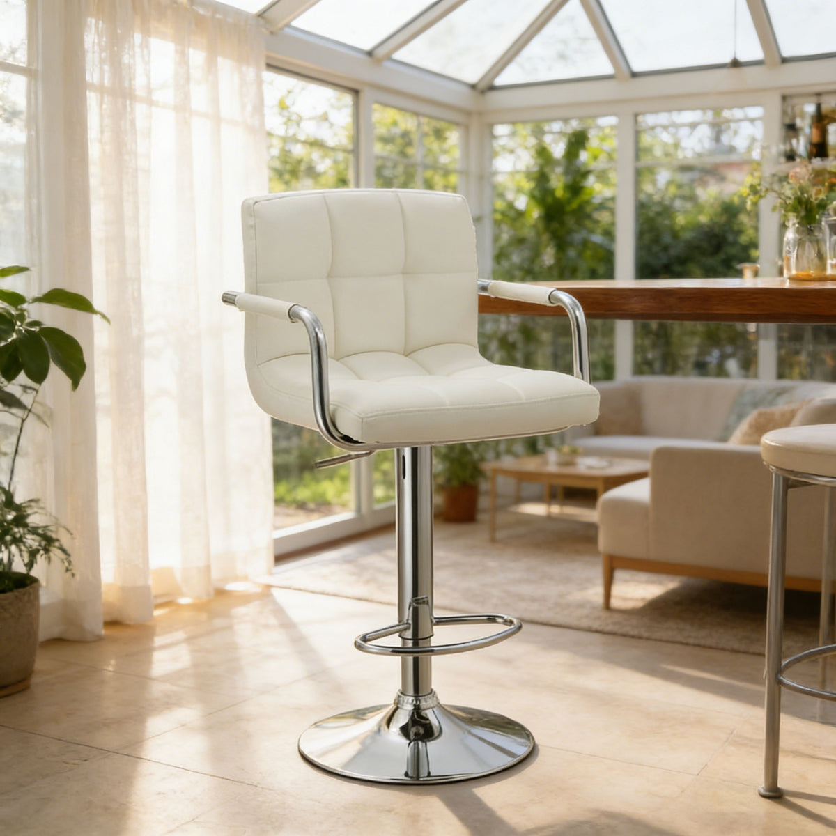 Adjustable Swivel Arm Bar Stool With Cushion - White