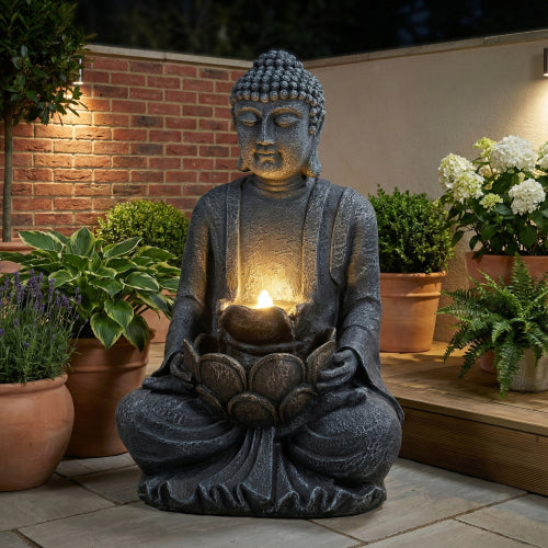 28" Height Zen-Style 2-Tier Meditating Buddha Water Fountain with Pump & LED Light, Outdoor Waterfall & Buddha Statue for Garden, Patio & Backyard