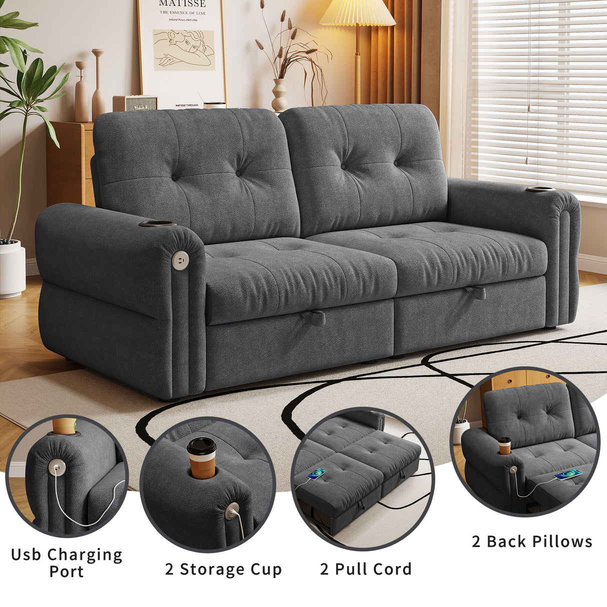 2 In 1 Convertible Sofa Bed For Living Room - Dark Gray - Fabric