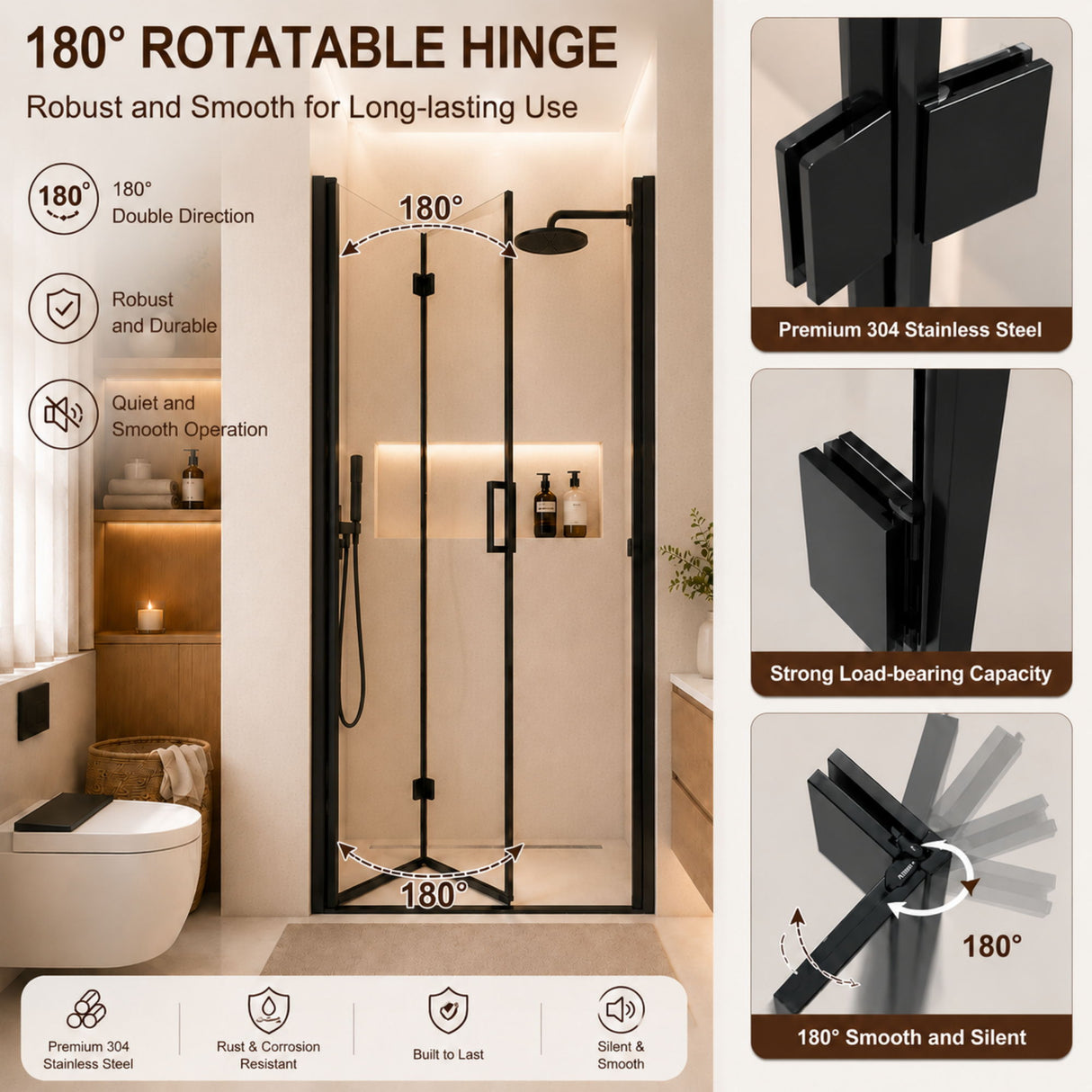 Semi Frameless Bifold Shower Door, Reversible Pivot Hinge, Space Saving Bathroom Panel - Matte Black