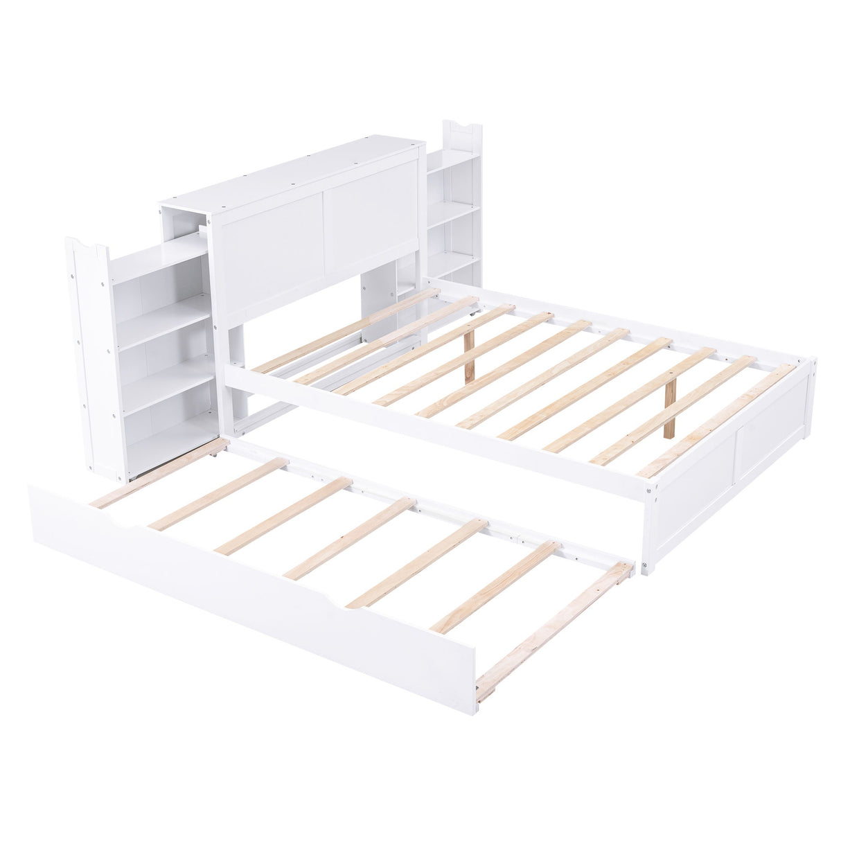 Storage Platform Bed With Pull Out Shelves And Trundle