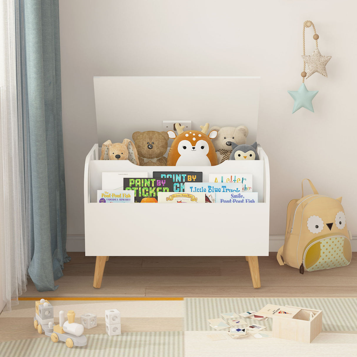 Toy Box With Front Bookshelf, Flip Top Lid, Safety Hinge For Kids Room Organization - White