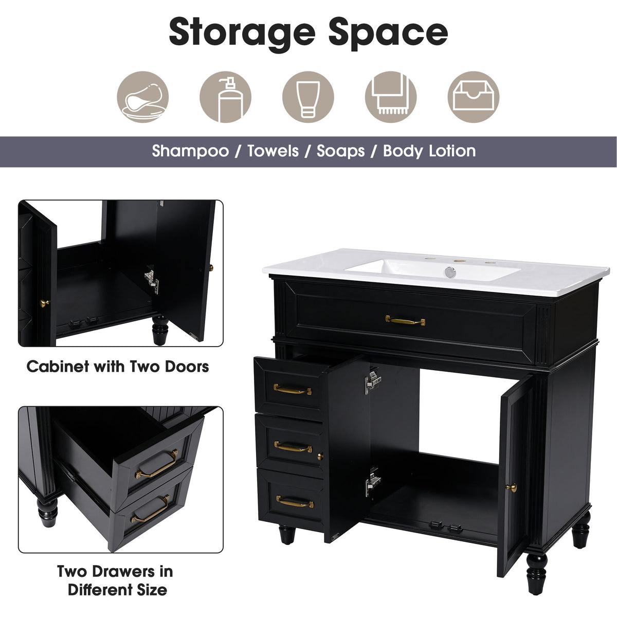 Bathroom Vanity With Sink, 2 Doors 2 Drawers - Black