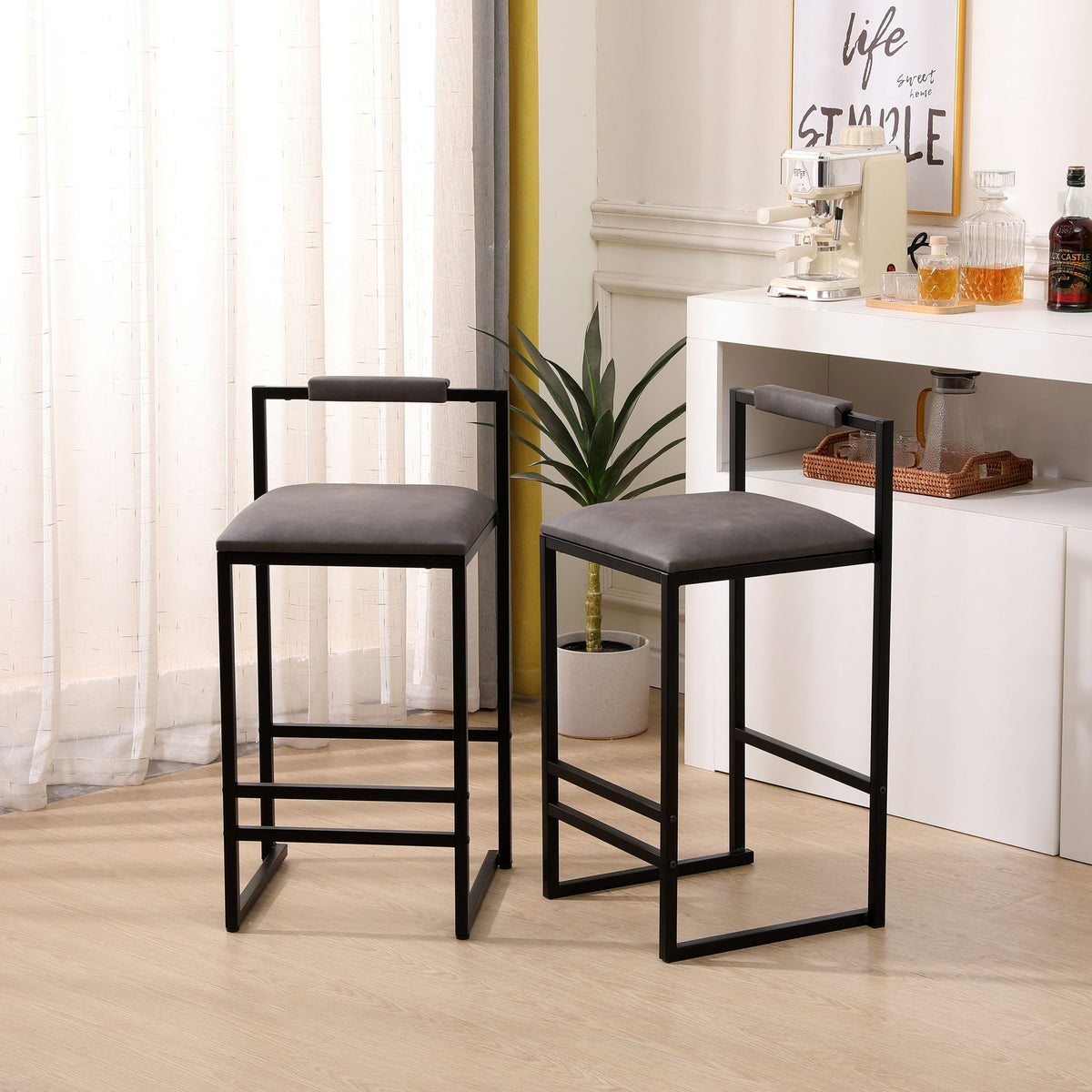 Elegant Bar Stool Set With Backrest And Footrest, Counter Height (Set of 2)