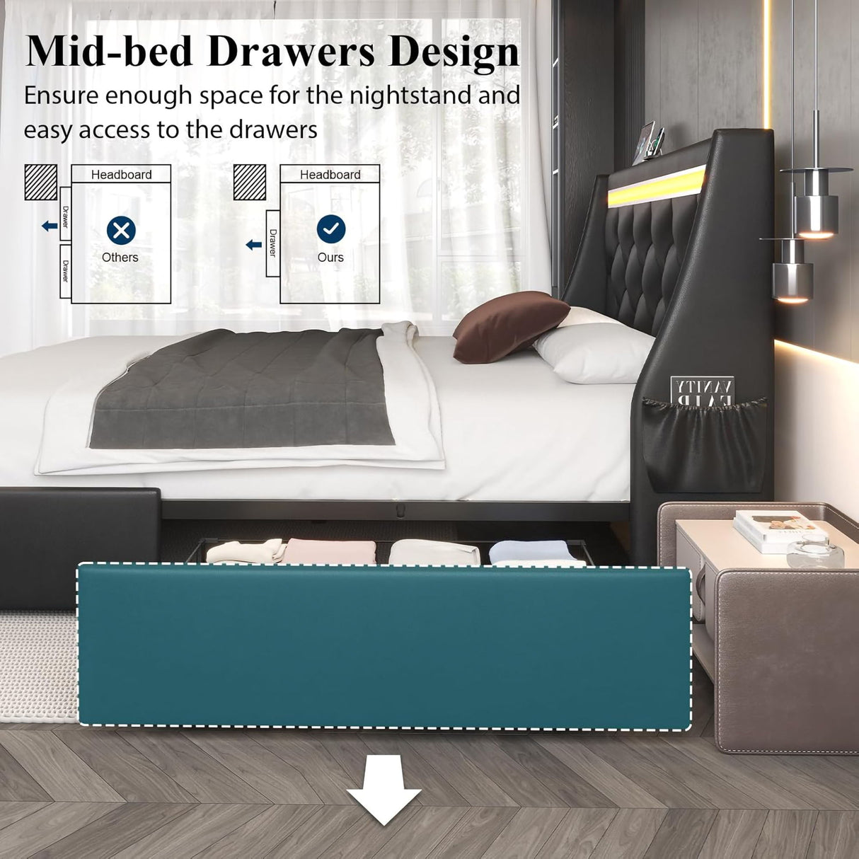 Wingback Upholstered Bed Frame With LED Lights, Charging Station