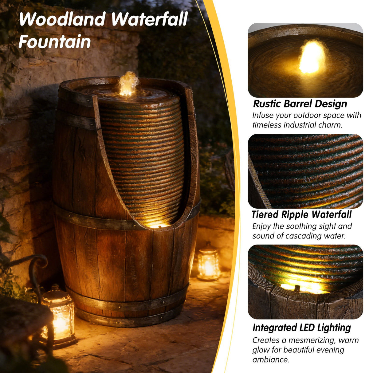 Rustic Barrel Water Fountain With LED Light
