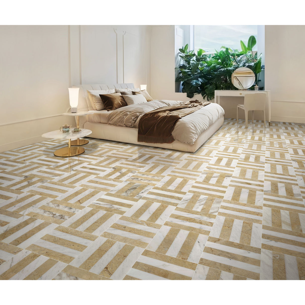 Elegant And Waterjet Polished Marble Tile For Floor And Wall Stone - White / Gold