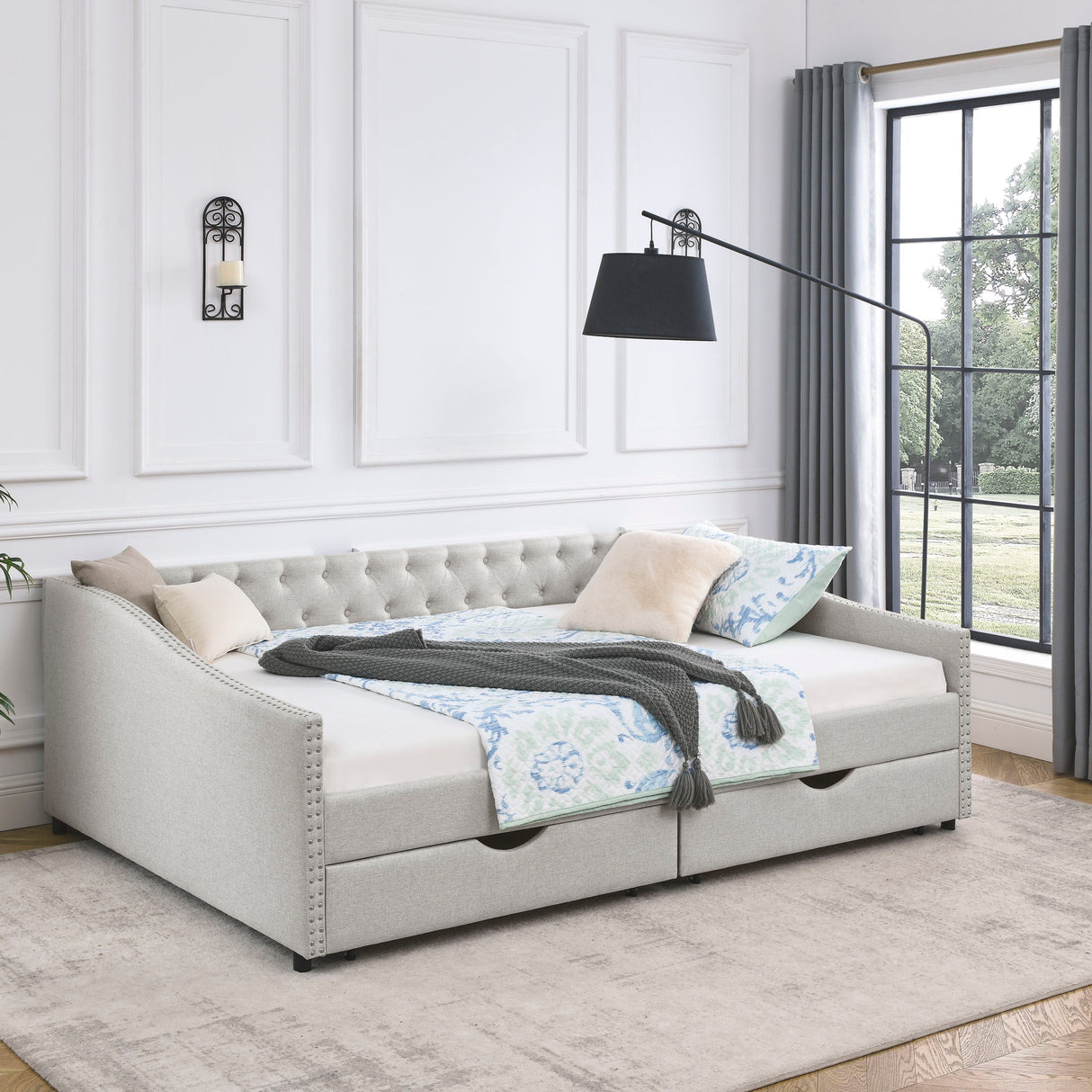 Upholstered Tufted Daybed With 2 Drawers, Waved Arms