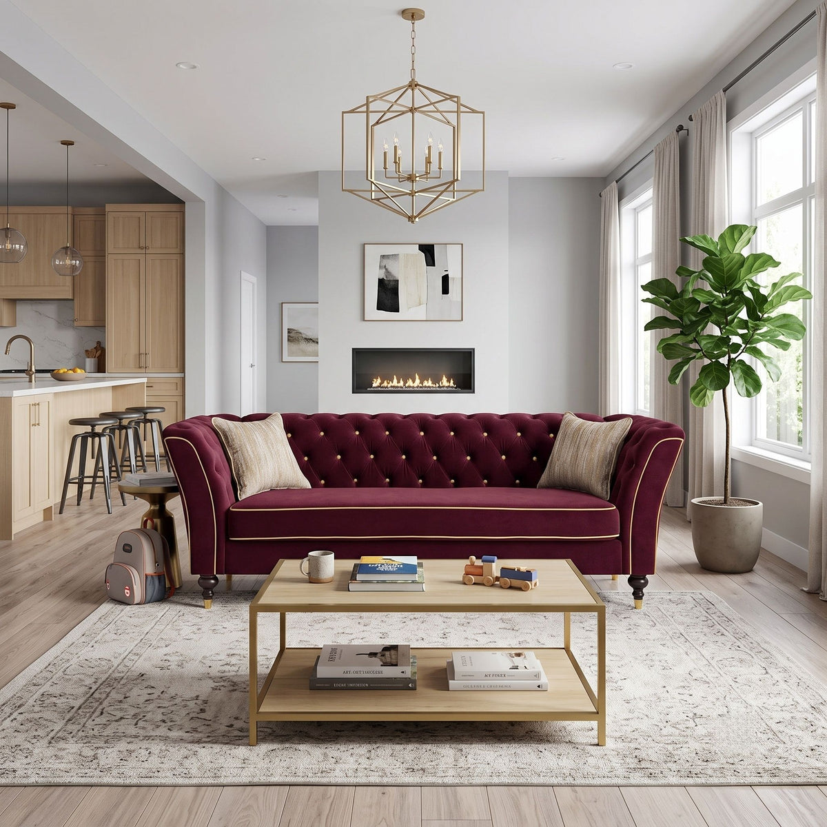 3 Person Sofa With Deep Seat, Tufted Backrest