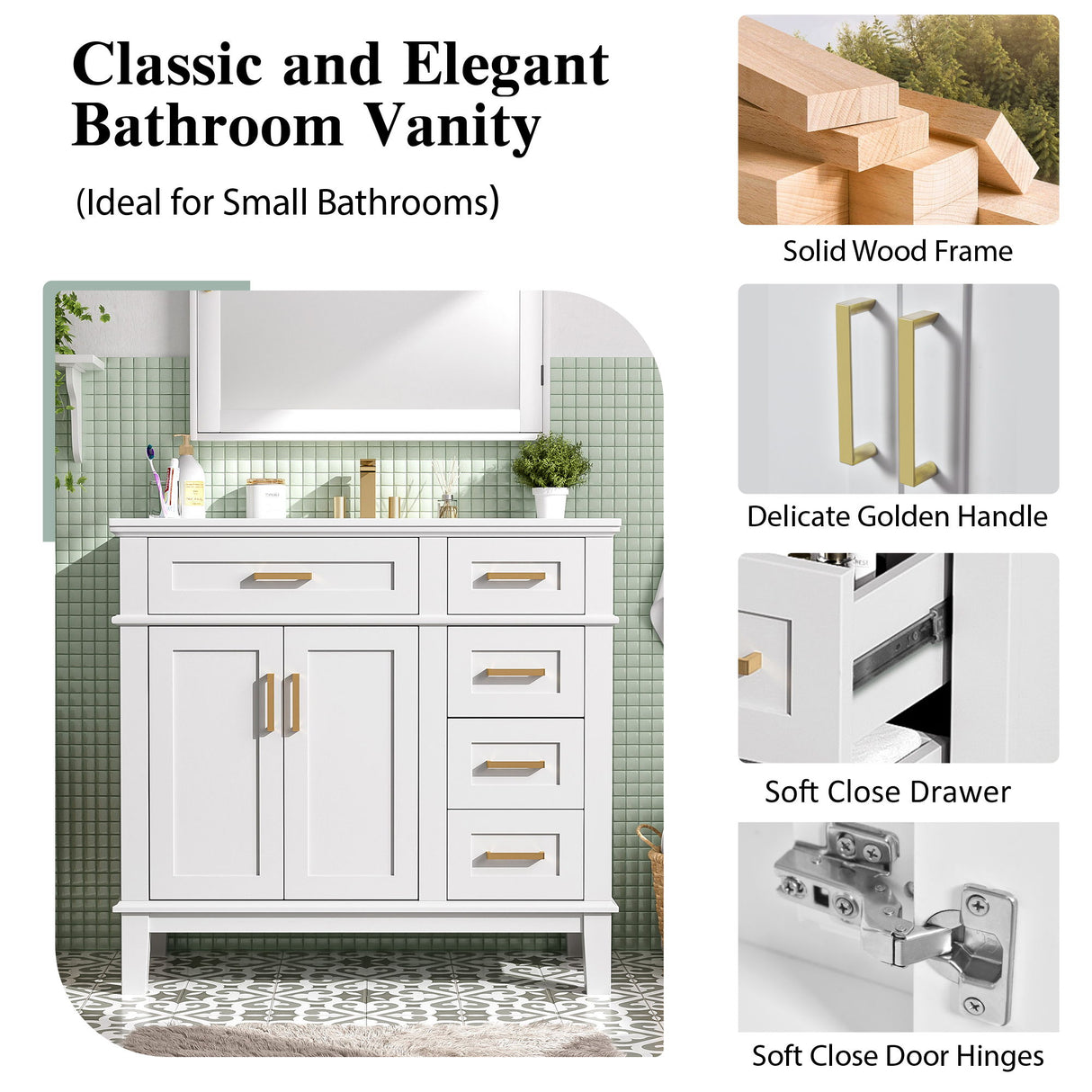 Bathroom Vanity With Sink, Soft Close Doors, 4 Storage Drawers