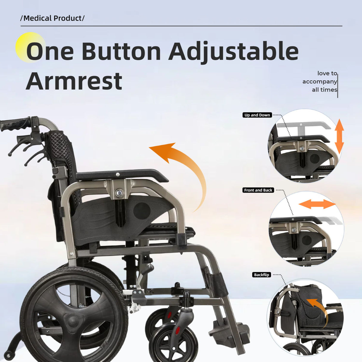Lightweight Foldable Transport Wheelchair For Adults, Square Tube Design