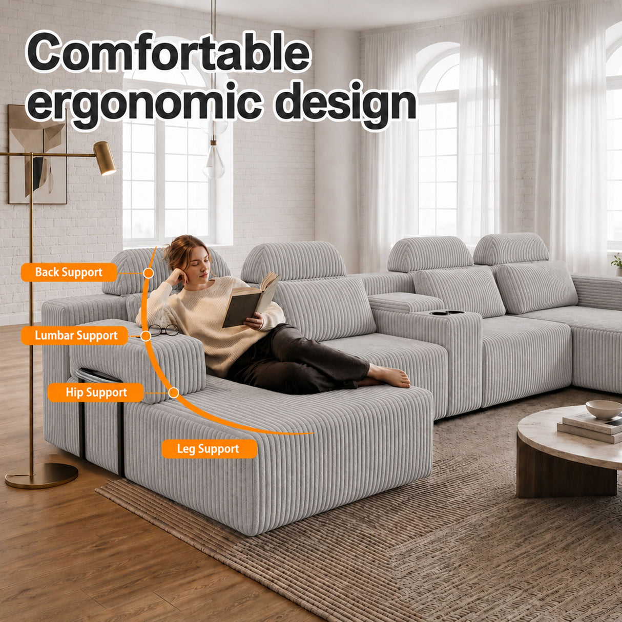 U-Shaped Sectional Sofa With Chaise Lounge And Cup Holders