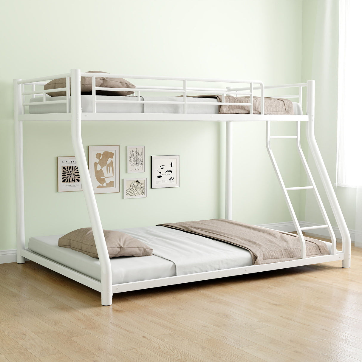 Bunk Bed Frame With Ladder And Guardrail, Heavy Duty Noise Free Design Metal Construction