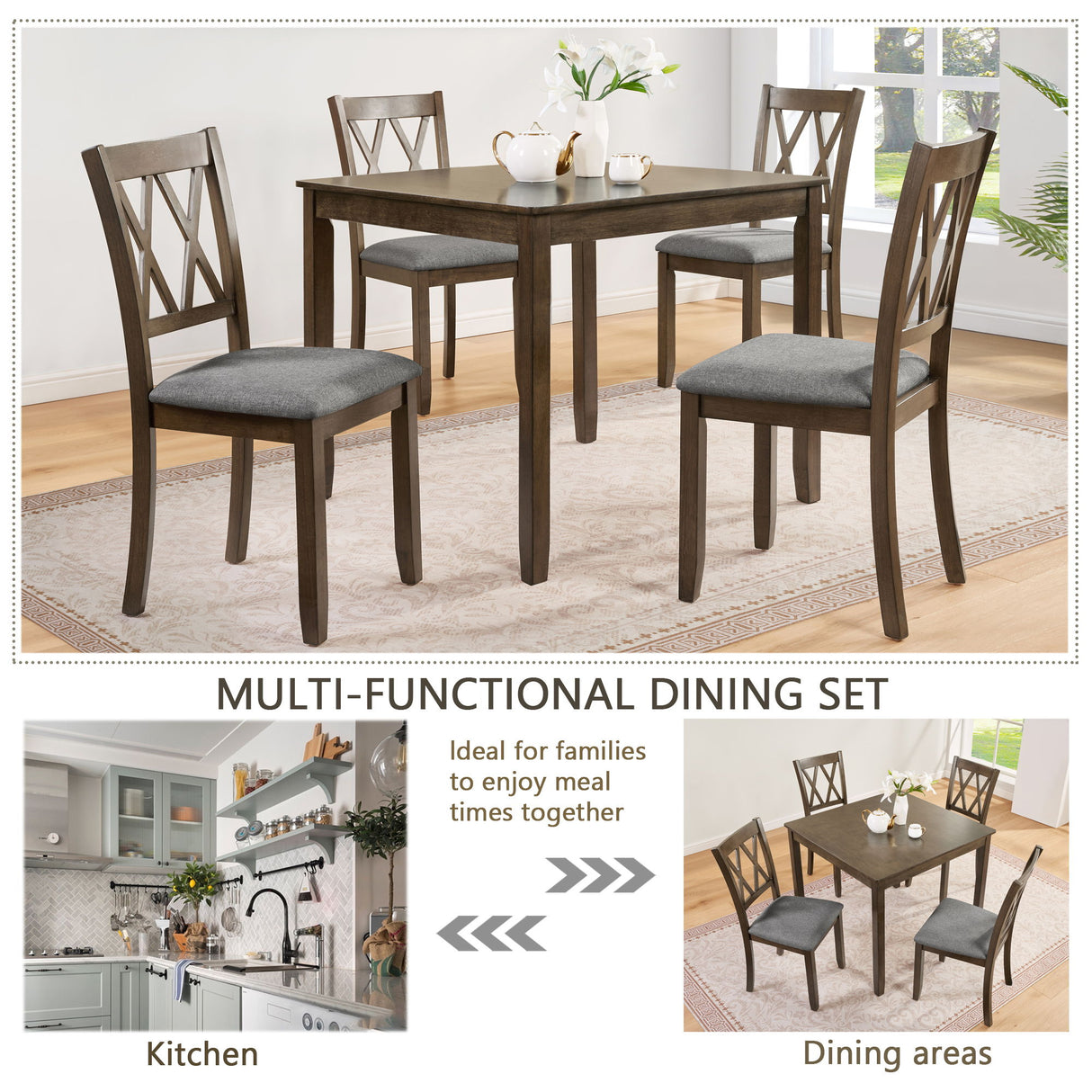 5 Piece Dining Table Set With 4 Chairs - Walnut