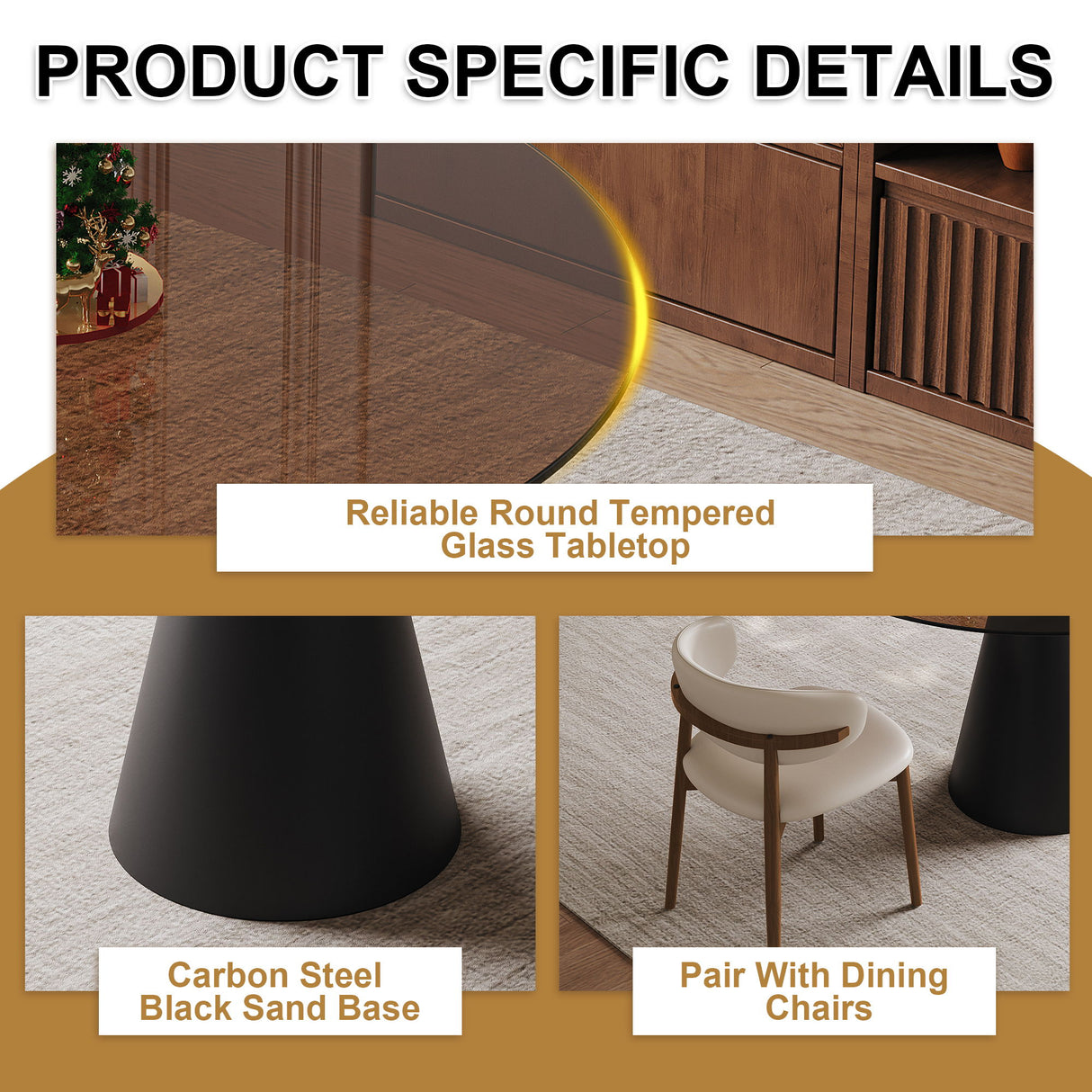 Round Dining Table & Glass Top - Black / Brown