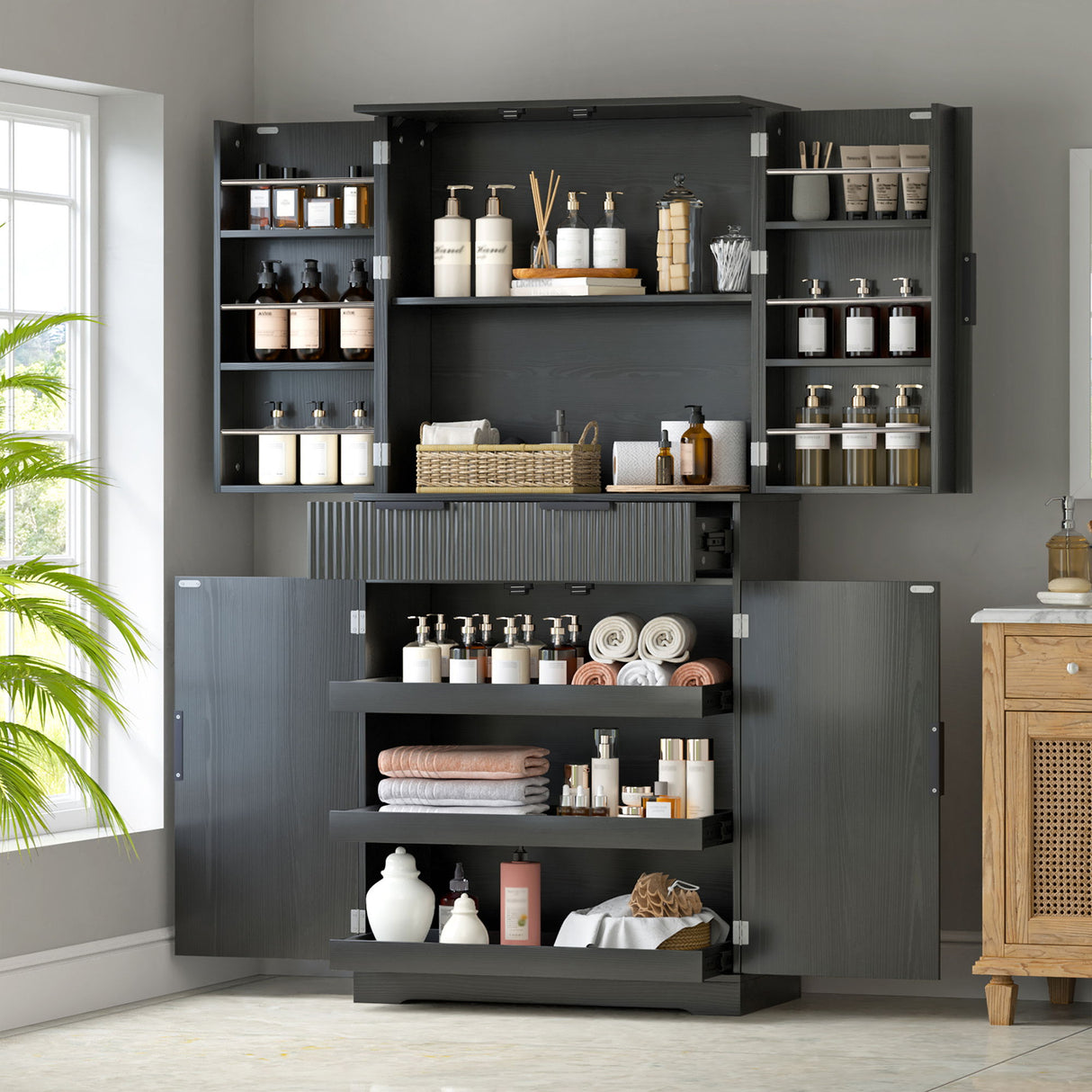 Fluted Kitchen Pantry Cabinet With 3 Keyboard Drawers & 6 Door Shelves Adjustable