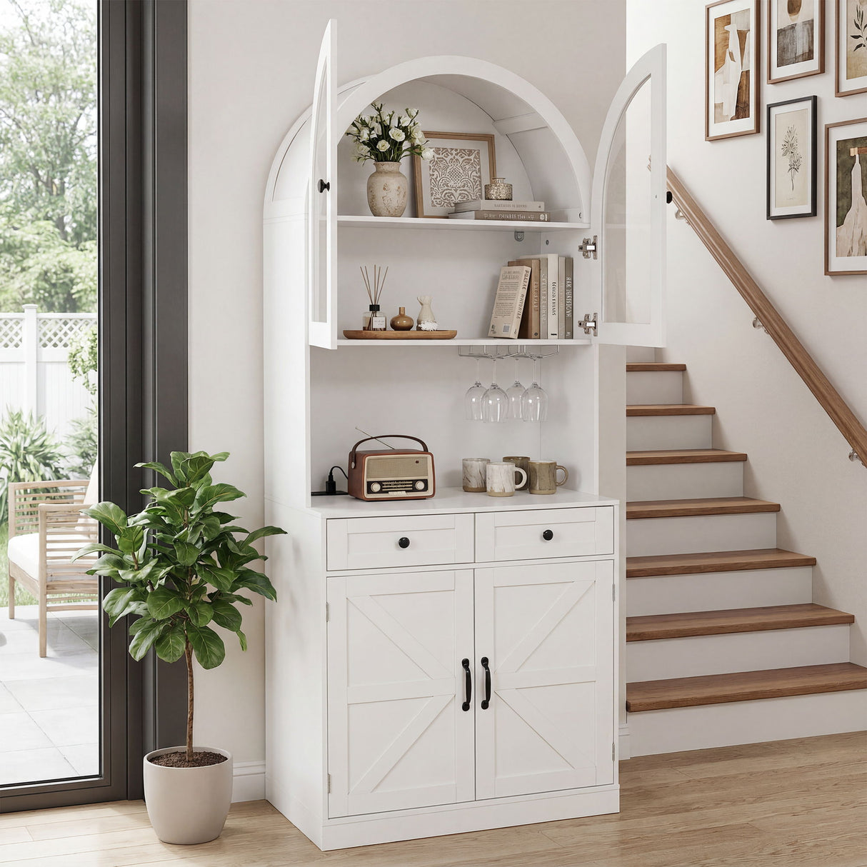 Tall Arched Pantry Cabinet With Charging Station, Adjustable Shelves, Coffee Bar
