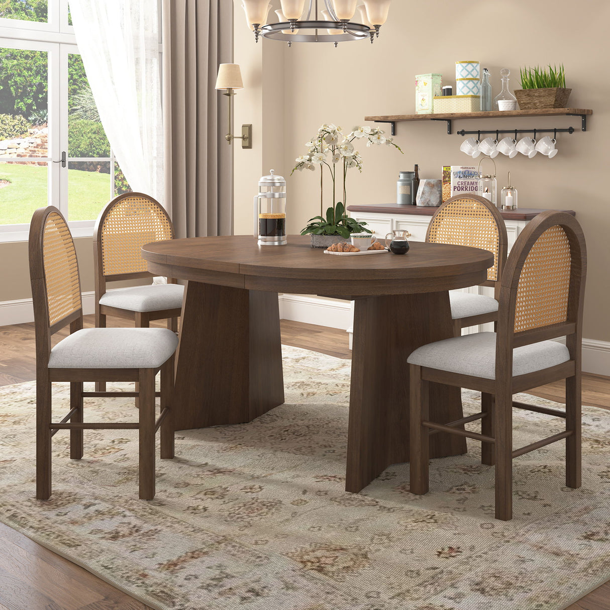 Extendable Round Dining Table Set For 4 With 4 Upholstered Chairs - Beige / Walnut